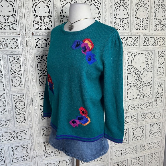Vintage Avanti Petites Teal Green Floral Embroidered Grannycore Sweater Sz M - Picture 4 of 9